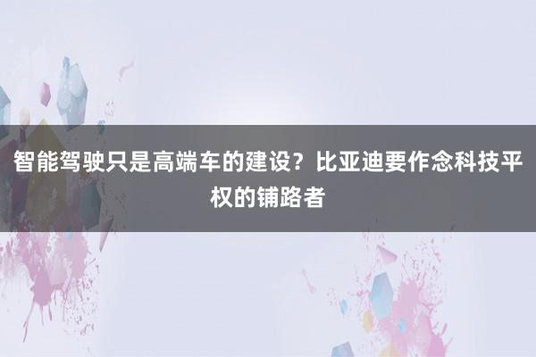 智能驾驶只是高端车的建设？比亚迪要作念科技平权的铺路者