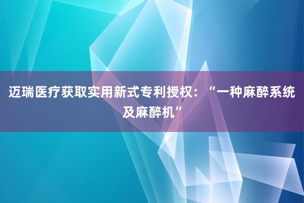 迈瑞医疗获取实用新式专利授权：“一种麻醉系统及麻醉机”